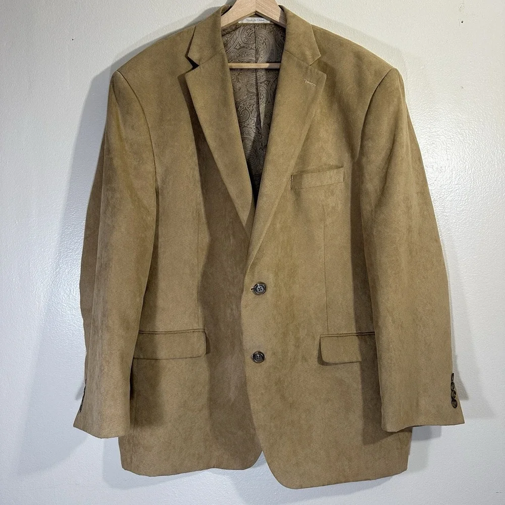 Chaps Men's 46R Sport Coat Tan‎ Paisley Lined Blazer Faux Suede 70s Retro